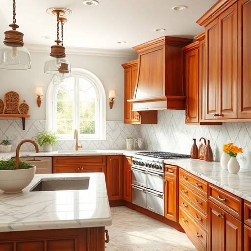 A beautifully organized Italian kitchen with marble countertops and natural wood cabinets
