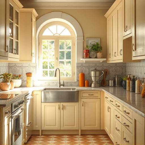 A sunlit Italian kitchen with cream cabinets, marble countertops, and organized spice jars.