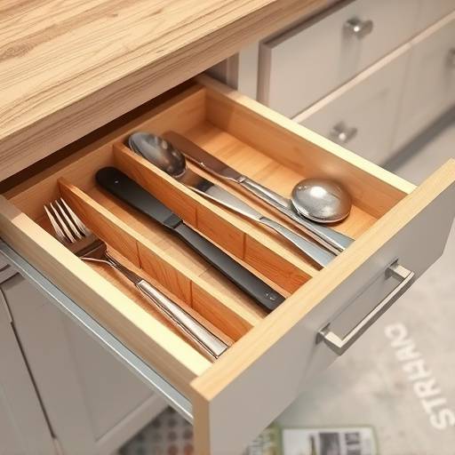 An organized kitchen drawer featuring wooden dividers and neatly arranged utensils.
