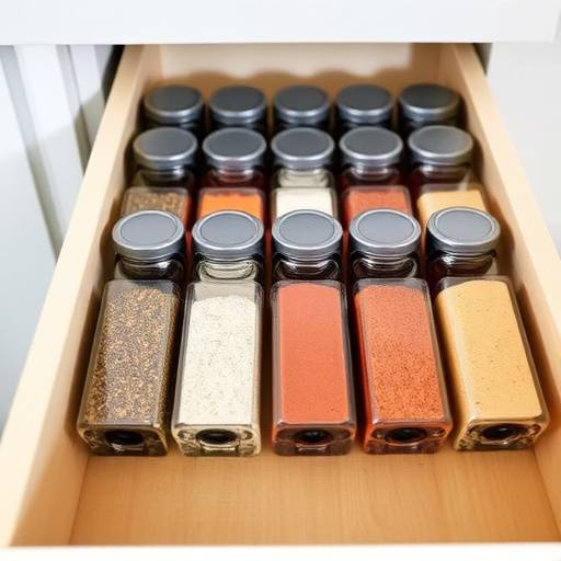Close-up of perfectly aligned spice jars in a drawer, showcasing container alignment mastery.