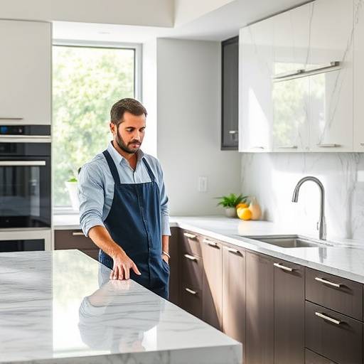 Marco Bellini, Senior Interior Designer at Cucina Organizzata, standing in a kitchen with marble countertops.