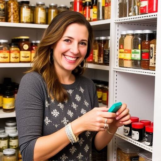 Sofia Lombardi, Kitchen Organization Specialist at Cucina Organizzata, smiling and arranging spice jars in a pantry.
